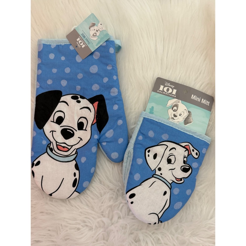 Disney 101 Dalmatians Oven Mitt and Mini Mitt Set Blue Polka Dot New